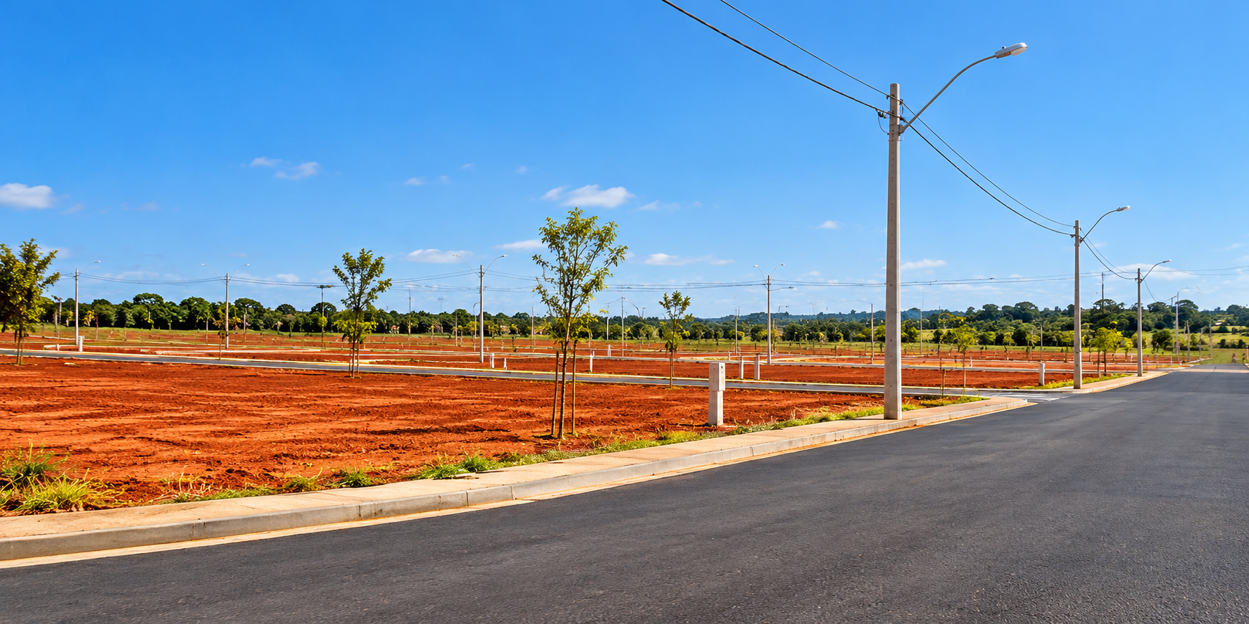 Loteamento em Campinas com ruas asfaltadas, terrenos demarcados e céu azul